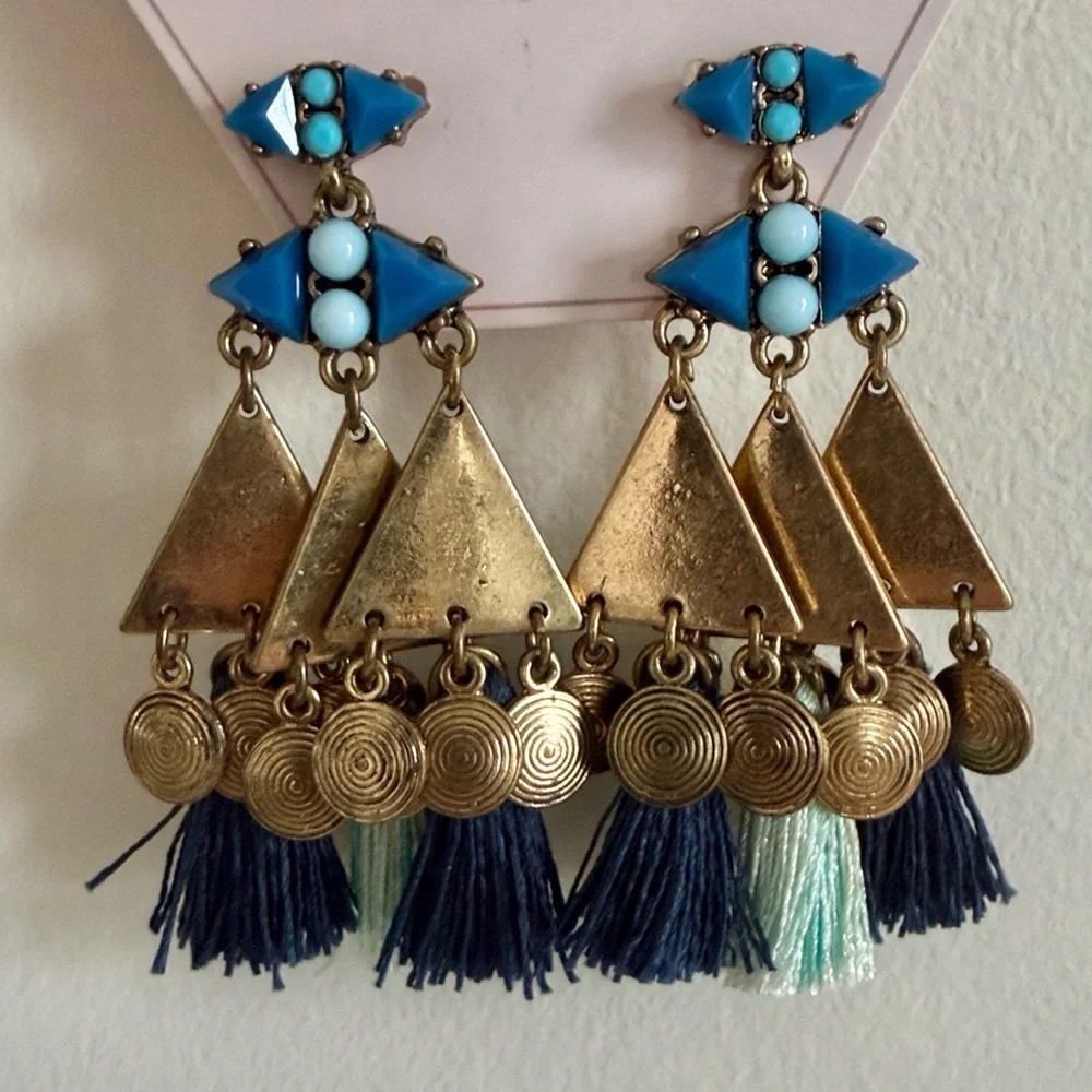Astral by Charlie Paige Gypsy Blues Boho Tassel Earrings Gold Blue Turquoise